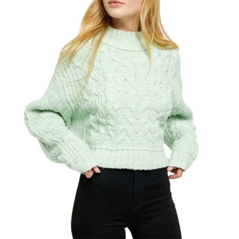 Free People Carousel Mint Green Knit Long Sleeve Cropped Sweater Size XS